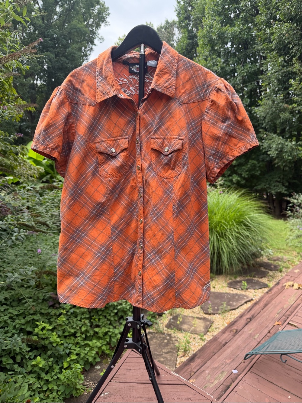 Harley-Davidson Women’s Orange Plaid Short-Sleeve Shirt- Size 1W (18-20)